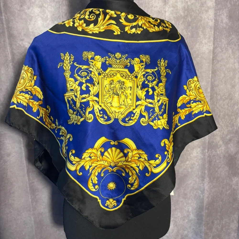 NWT Baroque Silk Scarf Womens  Blue Gold Regal 34x34 Made In Italy Luxury